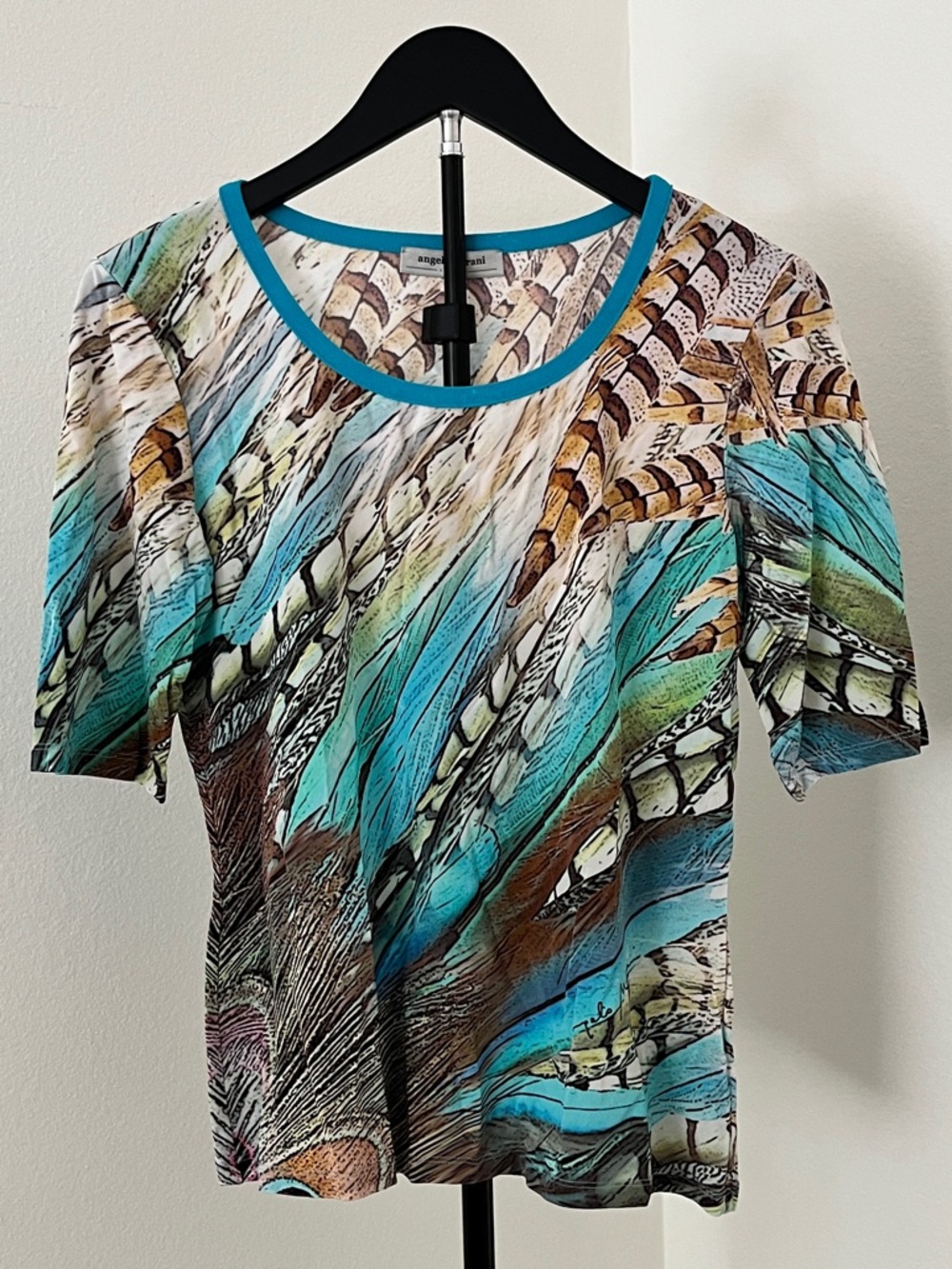 🌿 Angelo Marani Italian Art Feather Print Top | Coastal Luxe | IT 44 (US M/L)